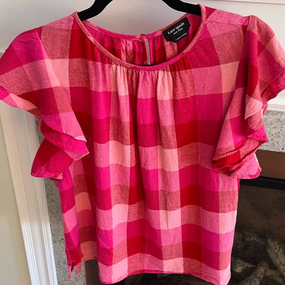 KATE SPADE PICNIC WOVEN FLUTTER-SLEEVE TOP LINEN BLEND DEEP HIBISCUS MULTI  L - Picture 5 of 15